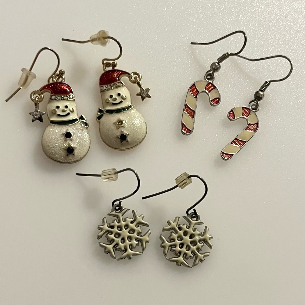 Vintage LOT Christmas Holiday Candy Cane Snowman and Snowflake Holiday Earrings